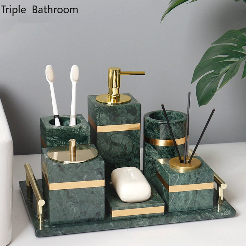 Light Luxury Bathroom Toiletry Set Marble Liquid Soap Dispenser Toothbrush Holder Mouth Cup Cotton Swab Box Soap Dish Tray