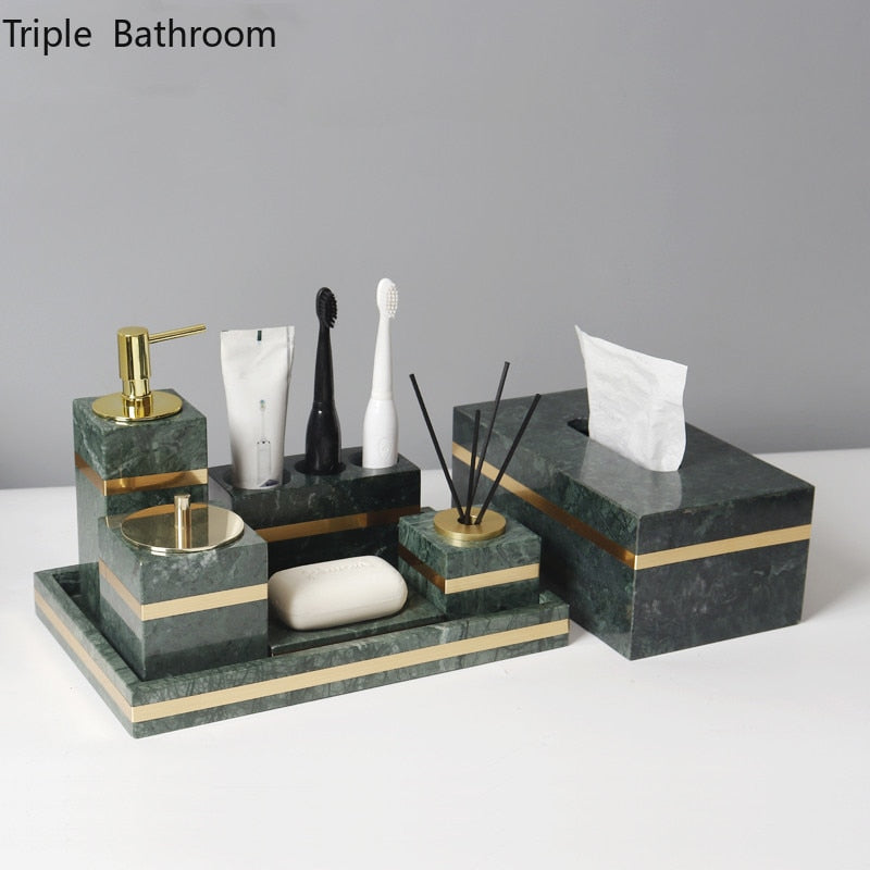 Light Luxury Bathroom Toiletry Set Marble Liquid Soap Dispenser Toothbrush Holder Mouth Cup Cotton Swab Box Soap Dish Tray