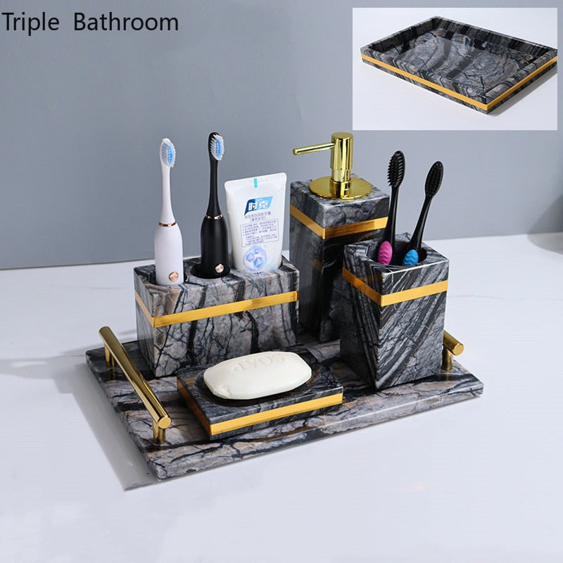 Nordic Bathroom Kit Marble Liquid Soap Dispenser Toothbrush Holder Mouth Cup Cotton Swab Box Soap Dish Tissue Box Washing Tools
