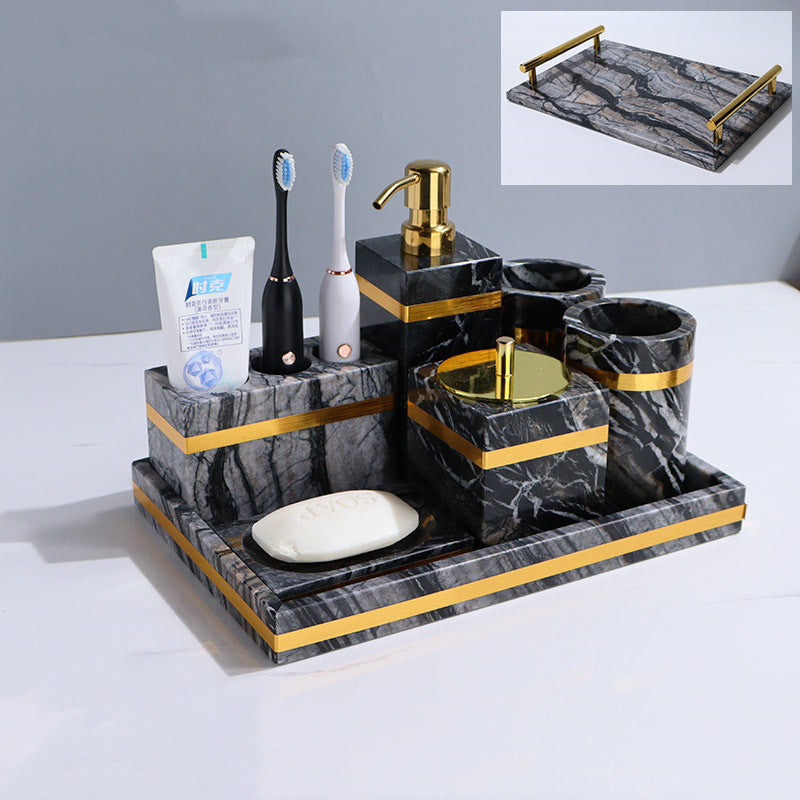 Nordic Bathroom Kit Marble Liquid Soap Dispenser Toothbrush Holder Mouth Cup Cotton Swab Box Soap Dish Tissue Box Washing Tools