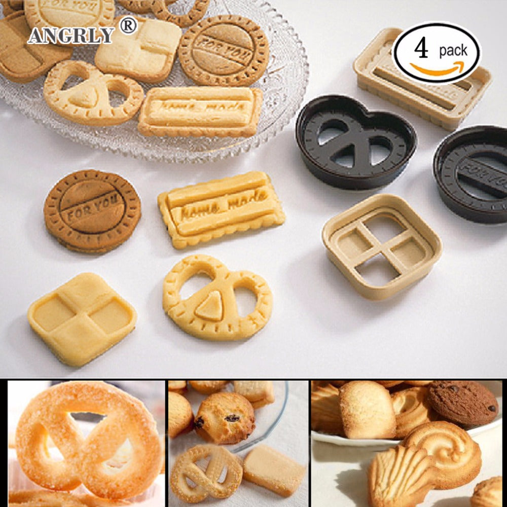 4Pcs/Set Circle / Square / Rectangle / Heart-shaped Design Sugar Danish Cookies Molds Craft Plunger Biscuits Cake Cutter Tools