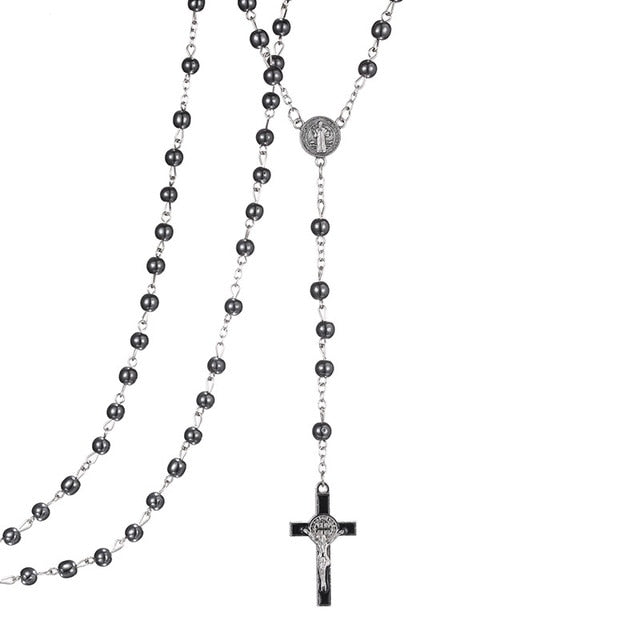 6mm hematite rosaries beads long chain necklaces men women Prayer rosary catholic chotk jesus christ cross pendant jewelry