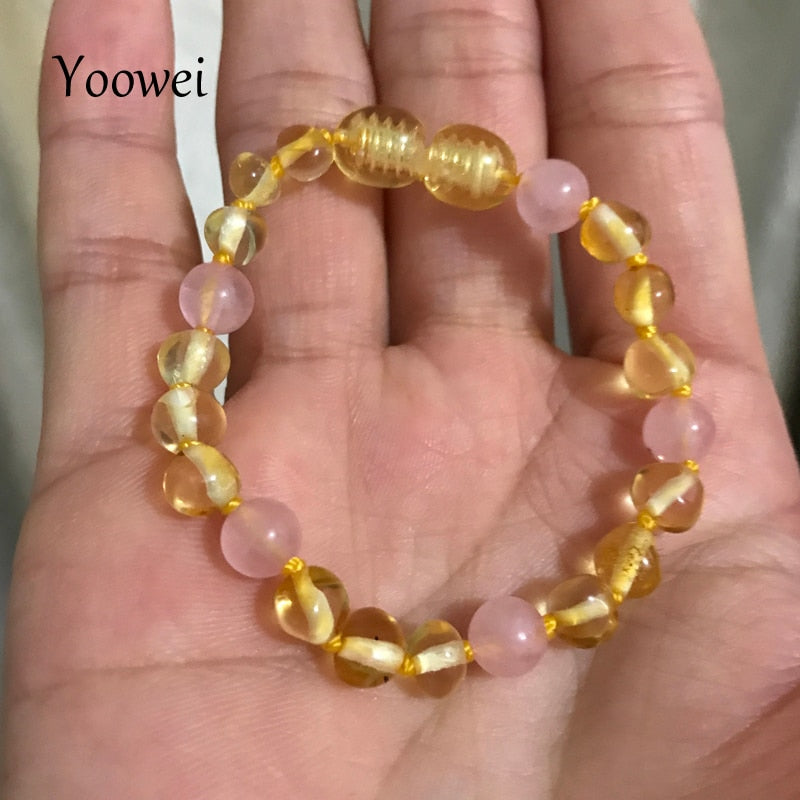 Yoowei Baby Amber Bracelet Teething Necklace with Natural Rose Quartz Gemstone Knotted Baltic Amber Jewelry Gifts for Kids Women