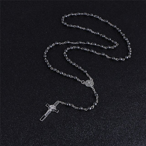 Komi Woman Man Natural Stone Beaded Necklace Catholic Jesus Cross With Rosary Beads  Long Pendant Necklaces