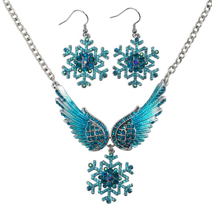 Snowflake Wing Necklace Earrings Sets Blue White Christmas Holidays Ornaments Gifts for Women Girls Crystal Fashion Jewelry