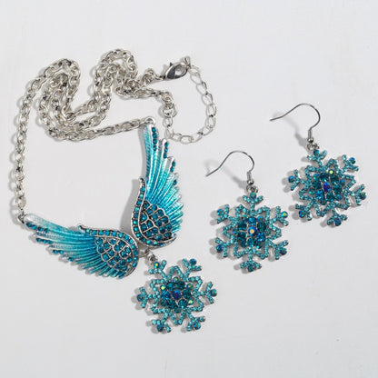 Snowflake Wing Necklace Earrings Sets Blue White Christmas Holidays Ornaments Gifts for Women Girls Crystal Fashion Jewelry