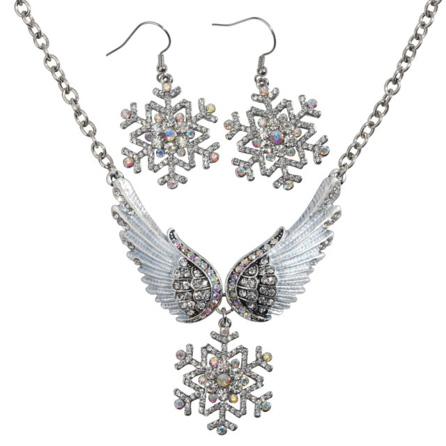 Snowflake Wing Necklace Earrings Sets Blue White Christmas Holidays Ornaments Gifts for Women Girls Crystal Fashion Jewelry