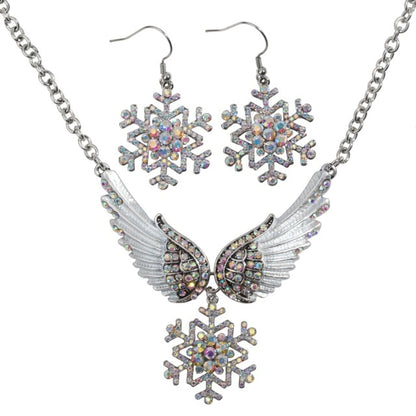 Snowflake Wing Necklace Earrings Sets Blue White Christmas Holidays Ornaments Gifts for Women Girls Crystal Fashion Jewelry