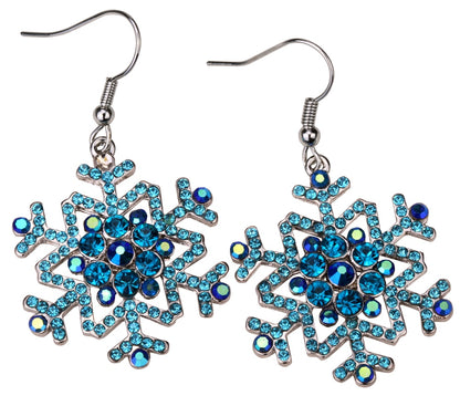 Snowflake Earrings Ring Sets Blue White Christmas Holidays Decorations Ornaments Gifts for Women Girls Crystal Fashion Jewelry