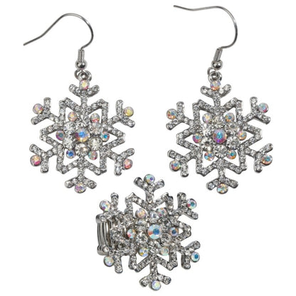 Snowflake Earrings Ring Sets Blue White Christmas Holidays Decorations Ornaments Gifts for Women Girls Crystal Fashion Jewelry