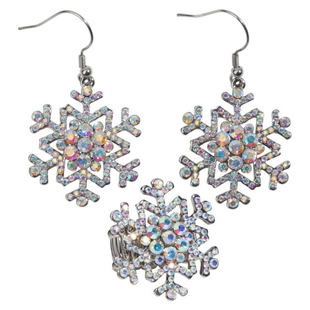 Snowflake Earrings Ring Sets Blue White Christmas Holidays Decorations Ornaments Gifts for Women Girls Crystal Fashion Jewelry
