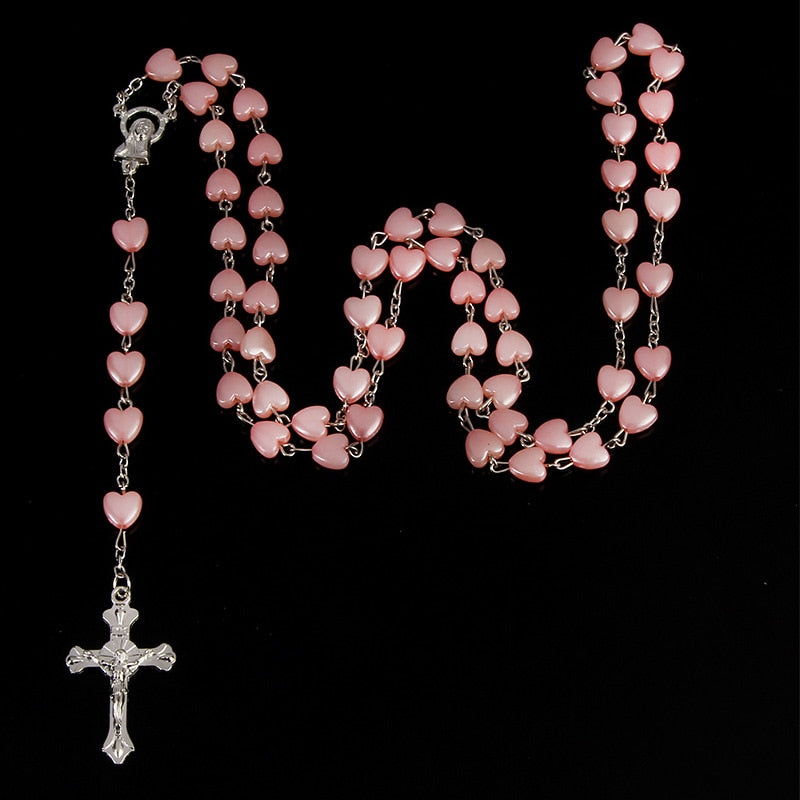 Catholic porcelain white love rosary prayer necklace, Mary blessing rosary prayer necklace, porcelain white heart-shaped beads