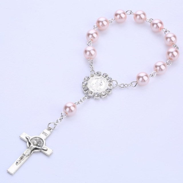 Catholic Religious Rosary Jesus Charm Bracelets Cross Bless Colorful Imitation Pearl Accessories Rosary Kids Baptism Link Chains
