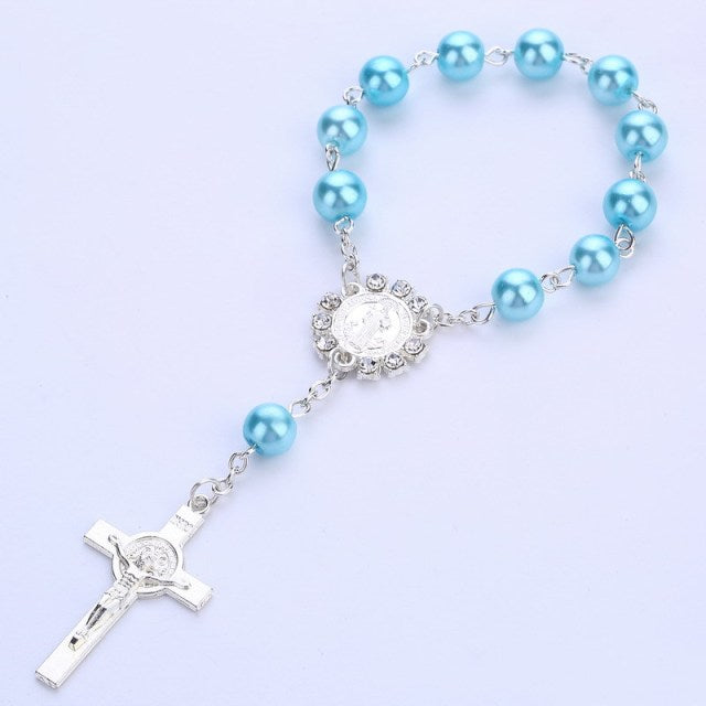 Catholic Religious Rosary Jesus Charm Bracelets Cross Bless Colorful Imitation Pearl Accessories Rosary Kids Baptism Link Chains